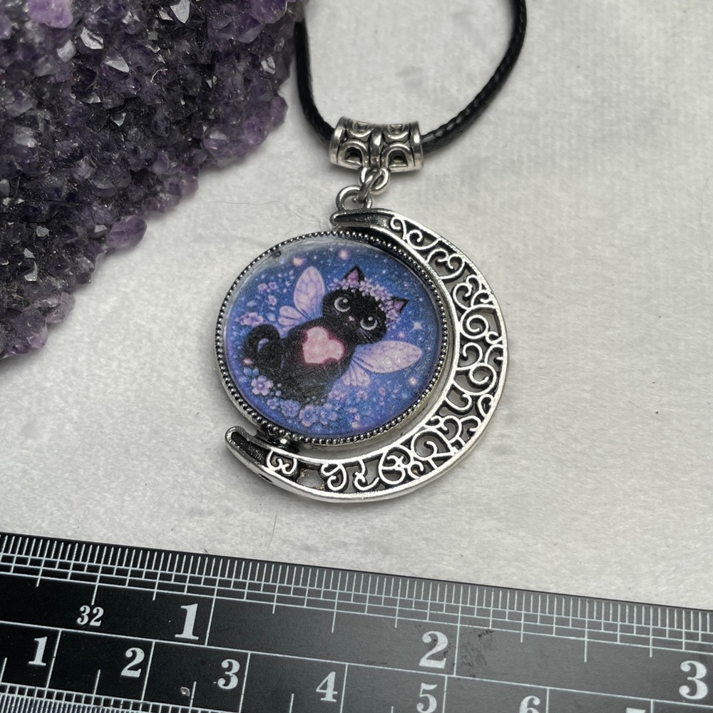 Double Black Cat Double Sided Moon Pendant - Gothic Witchy Jewelry -Artisan - Picture 16 of 16
